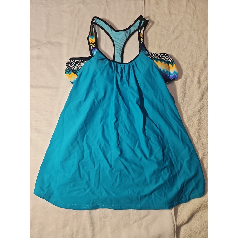 Womens Turquoise Blue Chevron Racerback Tankini Top Padded Swimsuit XL